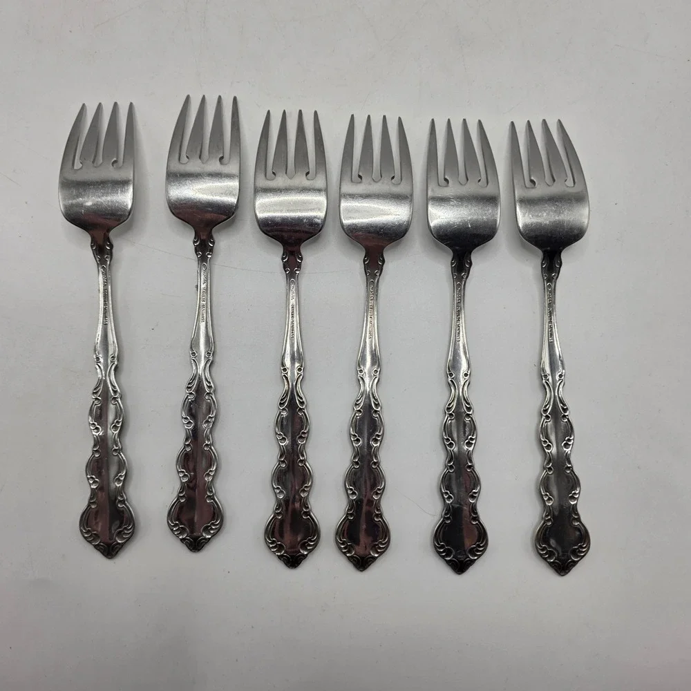 Oneida Salad Fork Chateau Deluxe Stainless Ornate Scroll Glossy Flatware Set 6pc